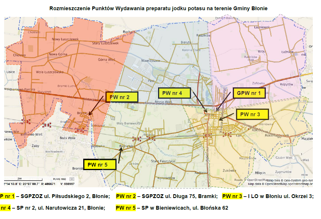 mapa gminy Błonie z wyznaczonymi obszarami i punktami dystrybucji